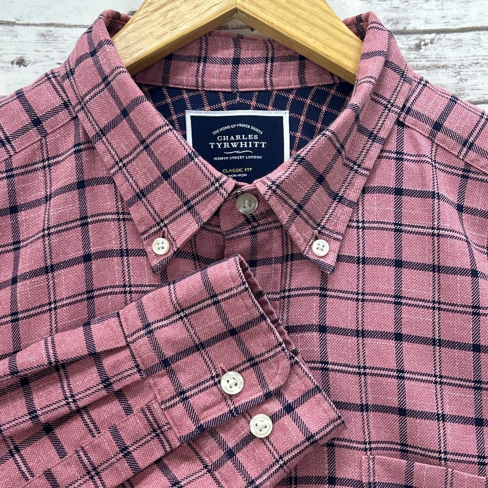 Charles Tyrwhitt Shirt Mens L Red Plaid Lightweight Flannel Classic Fit Non-Iron
